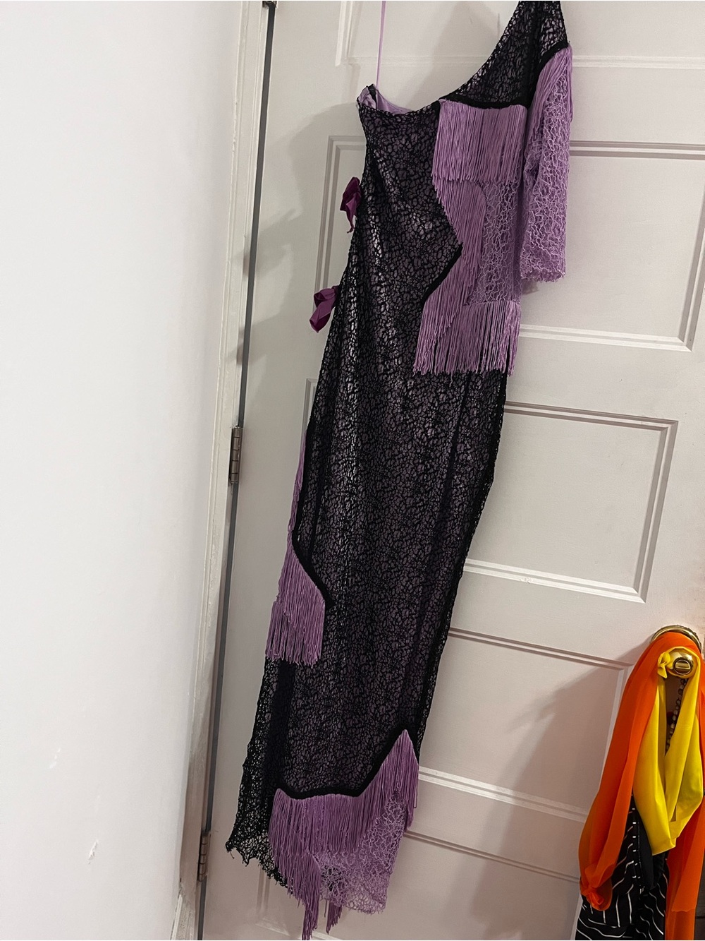 House of Holland Purple and Black Lace Fringe One-Shoulder Dress